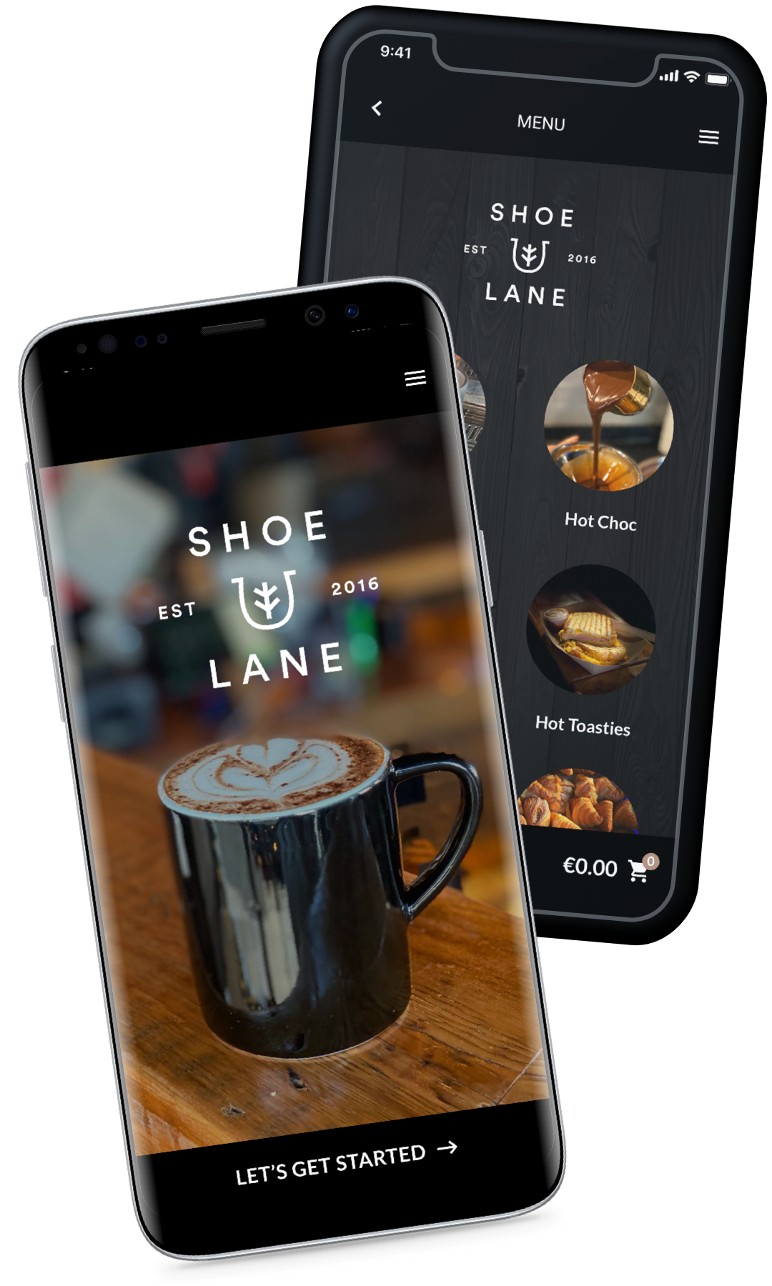 Two phones showing the Shoe Lane app