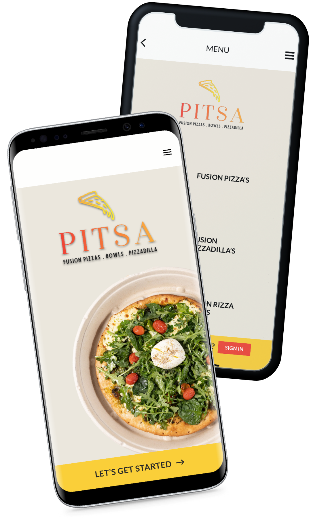 The Pitsa app shown on two iPhones The Pitsa app shown on two iPhones